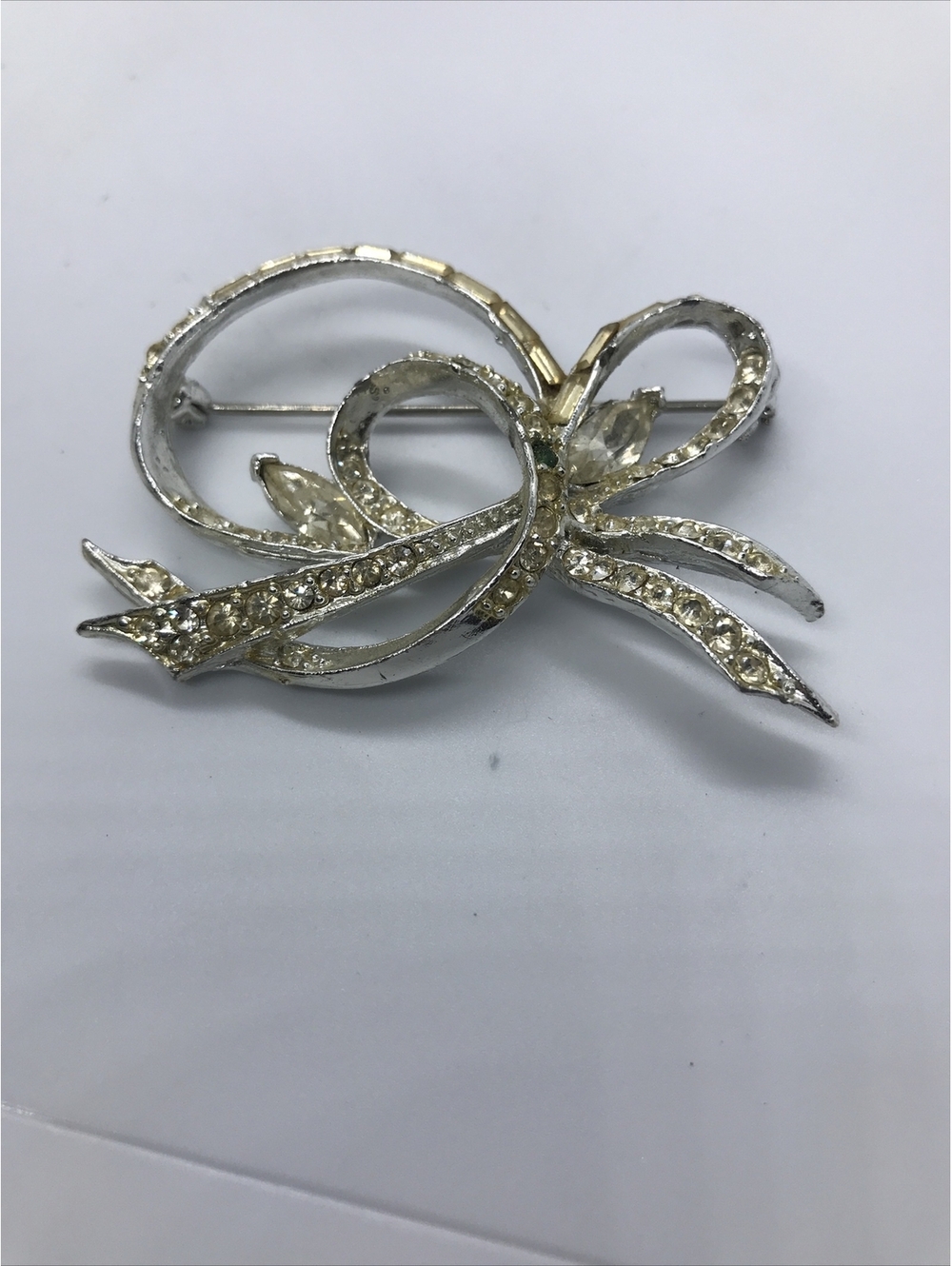 Clear Marquise Baguette Marquise Rhinestone Ribbon Brooch Vintage Free Shipping